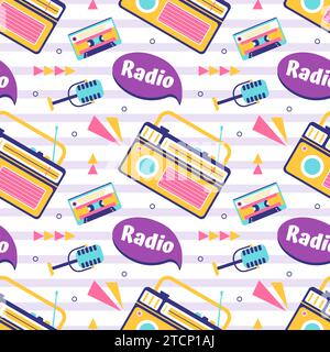 Radio Seamless Pattern Illustration Design with Player for Record and Listening to Music in Flat Cartoon Template Stock Vector