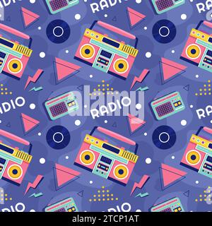 Radio Seamless Pattern Illustration Design with Player for Record and Listening to Music in Flat Cartoon Template Stock Vector