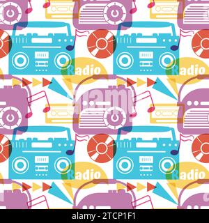 Radio Seamless Pattern Illustration Design with Player for Record and Listening to Music in Flat Cartoon Template Stock Vector