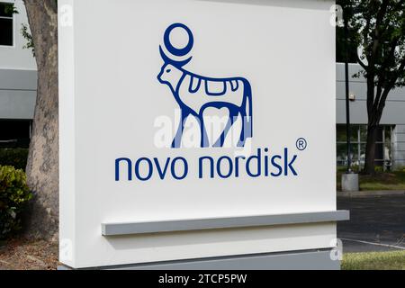 Close up of Novo Nordisk logo sign at its office in Fremont, California, USA, Stock Photo