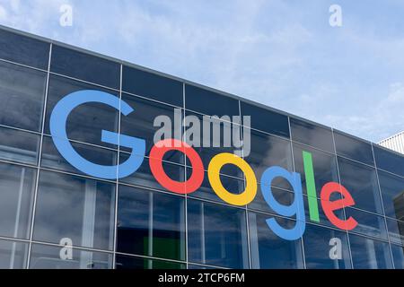 Close up of the Google  logo sign on the building in Mountain View, California, USA Stock Photo