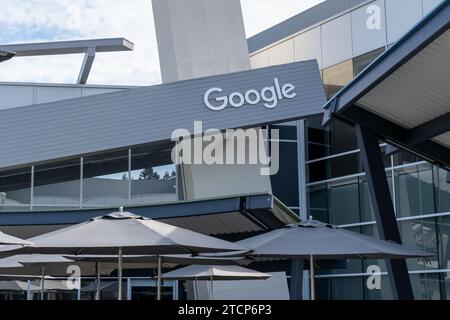 A logo sign outside of the headquarters of Google, also known as the ...