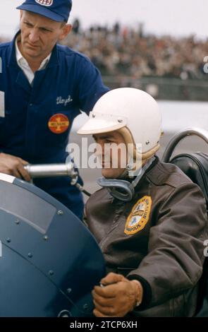 TRENTON, NJ - MARCH 30:  Driver Pat O'Connor sits in his car before the start of the USAC 100 mile championship race on March 30, 1958 in Trenton, New Jersey.  (Photo by Hy Peskin) *** Local Caption *** Pat O'Connor Stock Photo