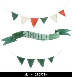 Set of flags and ribbons for Irish holidays. Decor for St. Patrick's Day. Isolated watercolor illustration on white background. Clipart. Stock Photo