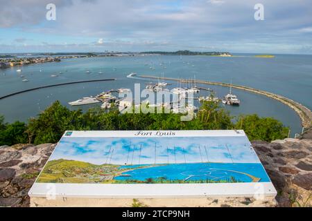 Sign of Baie de la Potence Bay from top of Fort St. Louis in historic downtown Marigot, French Collectivity of Saint Martin. Stock Photo