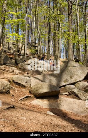 Lautertal, Germany - April 24, 2021: Young females sitting on rocks on a spring day at Felsenmeer in Germany. Stock Photo