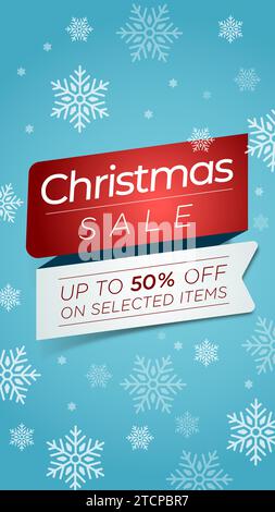 Christmas sale vector poster or banner in vertical format with discount text and snow. Winter elements. Shopping promotion template. Editable vector Stock Vector