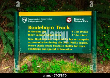 Nz Track Sign Trail sign at the Routeburn Track, Fiordland National Park, South ...