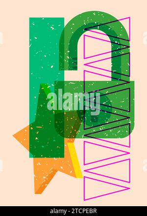 Risograph Padlock with geometric shapes. Objects in trendy riso graph print texture style design with geometry elements. Stock Vector