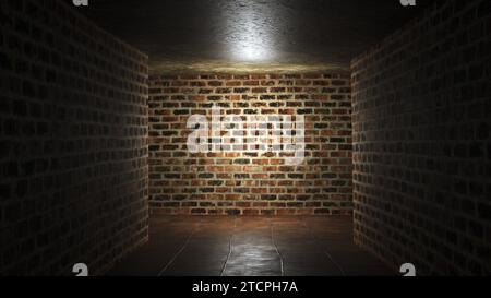 3d rendering of a brick tunnel with a light at the end. The tunnel is dark and has a tiled floor. Stock Photo