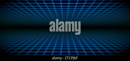 Glowing neon wireframe room background. Blue grid room floor and ceiling in perspective. Bright retro futuristic wallpaper. Abstract checkered plane landscape. Game horizon surface. Vector backdrop Stock Vector