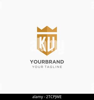 Monogram KU logo with geometric shield and crown, luxury elegant initial logo design vector graphic Stock Vector