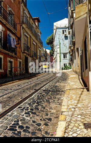 Street with Yellow Tram No. 28 in Alfama District, Lisbon, Portugal Stock Photo