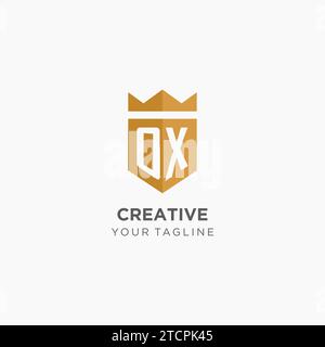 Monogram OX logo with geometric shield and crown, luxury elegant initial logo design vector graphic Stock Vector