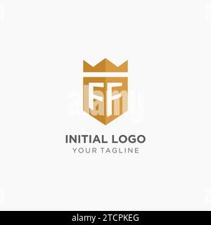 Monogram FF logo with geometric shield and crown, luxury elegant initial logo design vector graphic Stock Vector