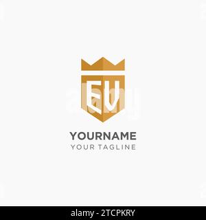 Luxury EV logo monogram shield shape monoline style with gold color and ...