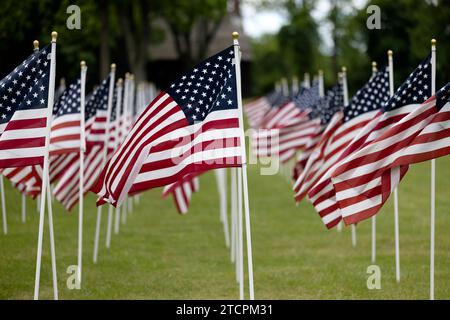 Row of American Flags Flying in the Wind on Memorial Day, New Jersey, USA Stock Photo