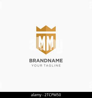 Monogram MM logo with geometric shield and crown, luxury elegant initial logo design vector graphic Stock Vector