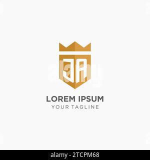 Monogram JA logo with geometric shield and crown, luxury elegant initial logo design vector graphic Stock Vector