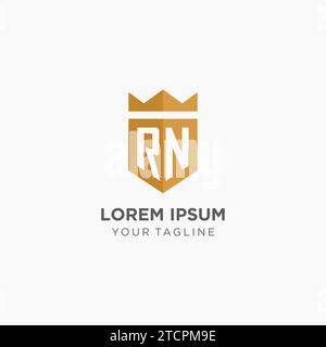 Monogram RN logo with geometric shield and crown, luxury elegant initial logo design vector graphic Stock Vector