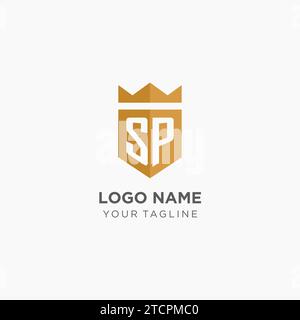 Monogram SP logo with geometric shield and crown, luxury elegant initial logo design vector graphic Stock Vector