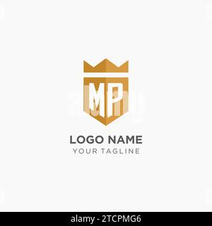 Monogram MP logo with geometric shield and crown, luxury elegant initial logo design vector graphic Stock Vector