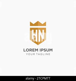 Monogram HN logo with geometric shield and crown, luxury elegant initial logo design vector graphic Stock Vector