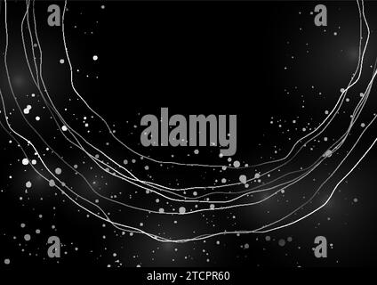Abstract grey silver wavy lines and shiny dots on black background. Vector design Stock Vector