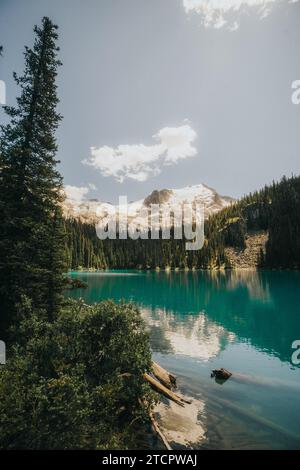 A picturesque view of a mountain lake in the summertime, surrounded by lush evergreen trees Stock Photo