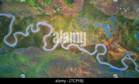 Aerial photograph of a winding river cutting through lush green land, surrounded by trees and other foliage, East River, Colorado Stock Photo
