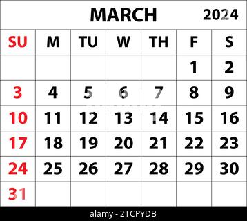 March 2024. Vector monthly calendar template 2024 year in simple style for template design. Week ...