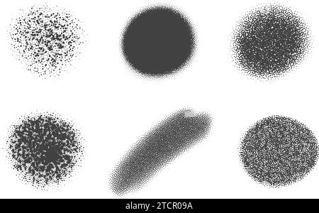 Paint spray stains with splatter dotted texture. Grunge black noise shapes. Dust spot and blob. Vector elements on white background Stock Vector
