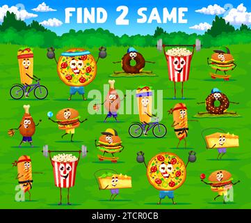 Find two same cartoon fast food characters on sport vacation. Objects finding kids game vector worksheet with burrito, pizza, donut and popcorn, burger, cake funny personages doing fitness exercises Stock Vector