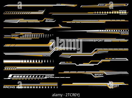 Yellow race sport car stripe stickers, racing line decals with checkered flag pattern. Vector speed vehicle vinyl decorations set, race car or motorcycle stickers with white lines and checkers Stock Vector