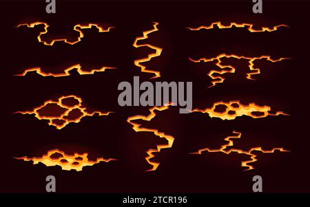 Volcano magma lava, fire ground cracks. Cartoon vector earthquake fissures, land destruction texture top view. Molten glowing orange flows creating fiery rivers with intense heat and explosive force Stock Vector