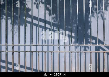 Iron fence with building wall background Stock Photo
