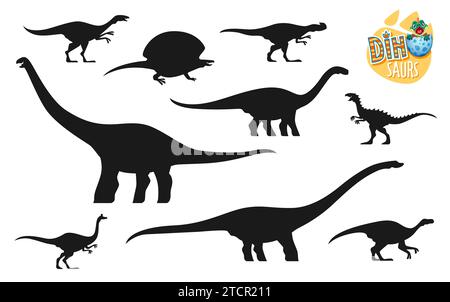 Dinosaurs silhouettes collection. Paleontology reptile, extinct Jurassic era vector lizard. Pelecanimimus, Kileskus, Cetiosaurus and Scutellosaurus, Maiasaura, Mamenchisaurus dinosaur silhouettes Stock Vector