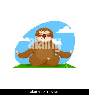 Cartoon funny sloth character meditate in yoga asana. Isolated vector cute comical animal personage blissfully serene in lotus pose. With a tranquil smile, it embodies the art of slow, zen meditation Stock Vector