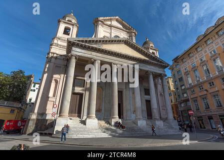 Basilica della Santissima Annunziata del Vastato, the current neoclassical facade was designed in 1830-1840, Piazza della Nunziata, 4, Genoa. Italy Stock Photo