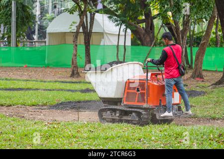 Worker operates special equipment and transports soil for planting in the back mini loader on tracks. Tough heavy duty dump truck dirt construction ro Stock Photo