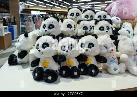 Set of cute panda plush toy on display in a store for children. Stock Photo