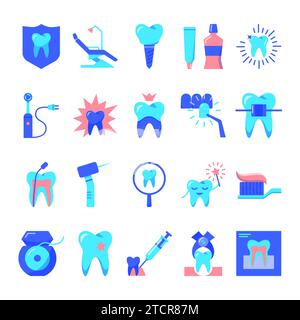 Stomatology and orthodontics icon set in flat style. Teeth care and dental treatment symbols. Vector illustration. Stock Vector