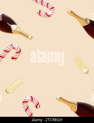 Merry Christmas and Happy New Year. Xmas Background , candy cane, glass and champagne bottle float on background . Christmas poster, holiday banner Stock Photo