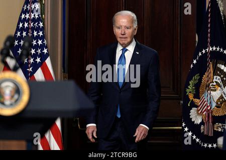 Washington, United States. 14th Dec, 2023. Photo dated December 13, 2023 shows US President Joe Biden arrives to deliver remarks at the National Infrastructure Advisory Council meeting at the White House in Washington, DC, USA. The US House of Representatives has voted to formalise its impeachment inquiry into President Joe Biden. Lawmakers voted along party lines to back a resolution that Republicans say will give them more power to gather evidence and enforce legal demands. Photo by Yuri Gripas/ABACAPRESS.COM Credit: Abaca Press/Alamy Live News Stock Photo