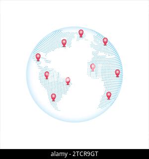 Dotted globe world map with pins pointers vector illustration Stock Vector