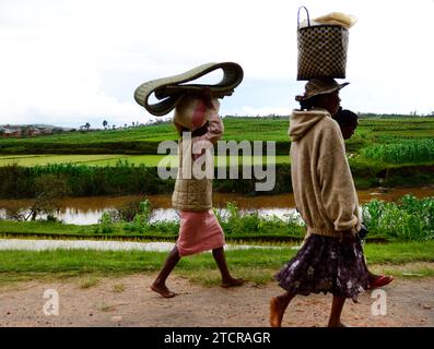 A Malagasy woman carrying a heavy bag on her head along the road in central Madagascar. Stock Photo