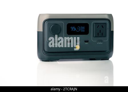 Portable power station or power box isolated on white background. On-the-Go energy solution. Power supply for outdoor adventure. Compact portable Stock Photo