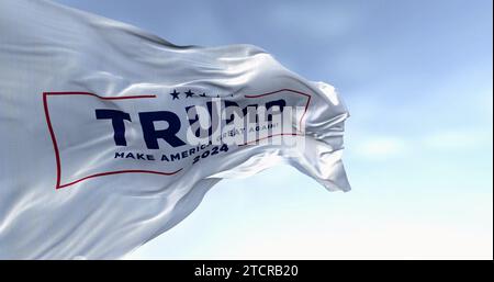 Arlington, US, OCT. 21 2023: Close-up of Donald Trump election campaign flag waving. 2024 US presidential election. Illustrative editorial 3d illustra Stock Photo