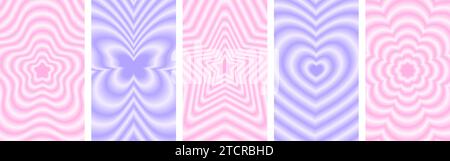 Set of vertical posters in trendy y2k style with gradient aura effect. Groovy flower, butterfly, star, heart backgrounds. Blurry holographic design in 90s vibe. Vector aesthetic illustration Stock Vector