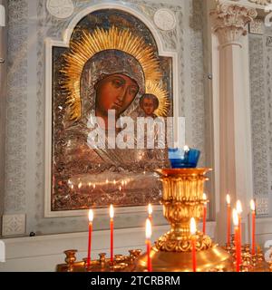 Icon of Our Lady of Kazan (Mother of God of Kazan) enshrined in the Church of The Beheading of John The Baptist By Bohr. Moscow, Russian Federation. Stock Photo